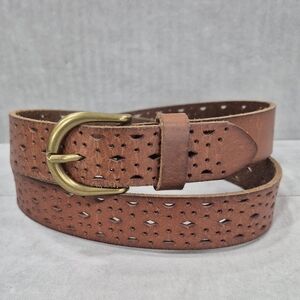 American Eagle Outfitters belt women's medium brown leather cutouts brass buckle
